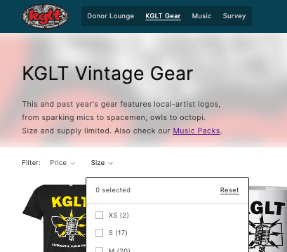 Donor Lounge list of KGLT Gear, with Size filter