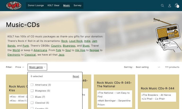 Donor Lounge list of Music CDs, with Genre filter